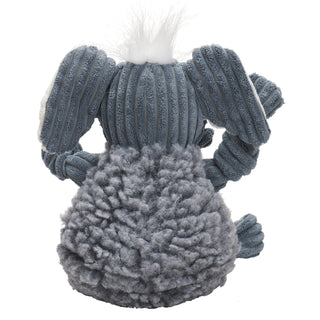 Back view of elephant shaped durable plush dog toys with grey fluffy HuggleFleece® body, white hair, white inner-ear, white tusks, and is squeaky with knotted limbs.