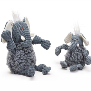 Set of two elephant shaped durable plush dog toys in large and small: grey fluffy HuggleFleece® body, white hair, white inner-ear, white tusks, and is squeaky with knotted limbs.