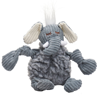Elephant shaped durable plush dog toys with grey fluffy HuggleFleece® body, white hair, white inner-ear, white tusks, and is squeaky with knotted limbs. Size small.