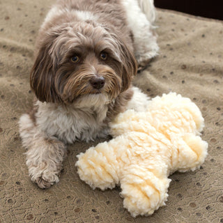Dog laying next to natural HuggleFleece® man with squeaker. Shape of toy resembles a gingerbread cookie (toy is not holiday themed)!