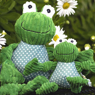 Set of two frog shaped durable plush dog toys: has green skin, dark green and white polk dotted stomach, knotted limbs and is squeaky sitting in flower bush.