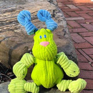 Bunny shaped squeaky dog toy made of a combination of latex body and head with plush knotted ears and limbs: lime green body and limbs, blue eyes and ears, and pink nose sitting on rock