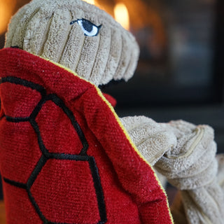 Close up back view of Testudo to show embroidery details on red shell and eye.