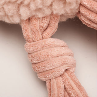 Close up image of a pig shaped plush dog toy knotted limb.