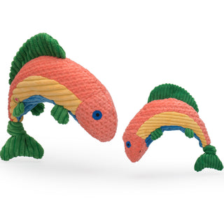 Set of two arched fish-shaped durable corduroy plush dog toys in large and small with knotted tails: green fins, peach, yellow, and blue stripes along body, and blue eyes.