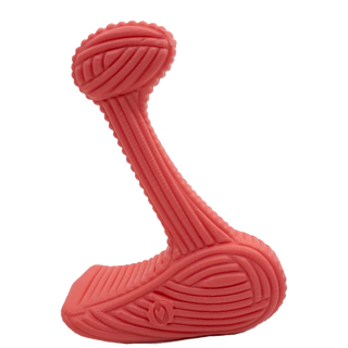 Pink dog bone chew toy in the shape of an "L", with textured ridges all throughout the toy resembling corduroy texture. Size large.