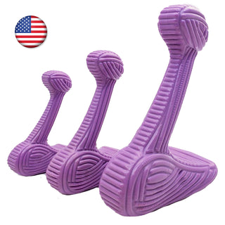 Set of three purple bone dog chew toys: each toy is in the shape of an "L", with textured ridges all throughout the toy resembling corduroy texture.