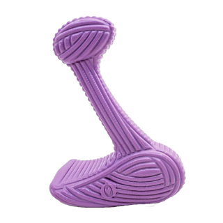 Purple bone dog chew toy made in the shape of an "L", with textured ridges all throughout the toy resembling corduroy texture. Size large.