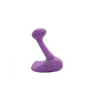 Purple bone dog chew toy made in the shape of an "L", with textured ridges all throughout the toy resembling corduroy texture. Size wee.