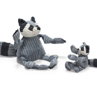 Set of two raccoon durable plush corduroy dog toys: has black, gray, and white furred face, gray furred body and limbs, black nails, with a gray and black striped long tail.