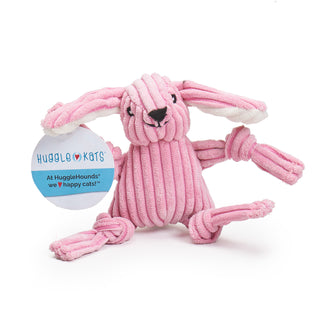 Pink bunny catnip stuffed plush corduroy cat toy with knotted limbs, black embroidered facial details and white corduroy inner ears
