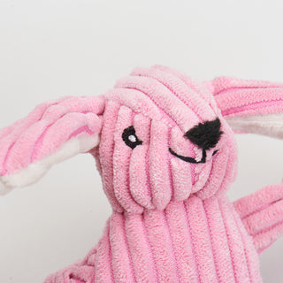 Close up of pink bunny to show corduroy detail and embroidery details.
