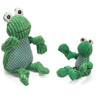 Set of two frog shaped durable plush dog toys: has green skin, dark green and white polk dotted stomach, knotted limbs and is squeaky.