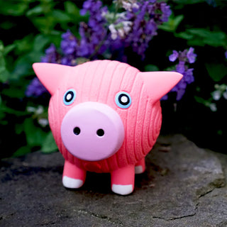 Pink pig squeaky latex ball dog toy on rock.