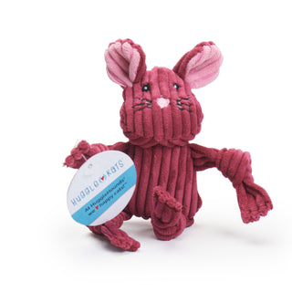Maroon mouse stuffed with catnip plush corduroy cat toy with knotted limbs, pink inner-ears, embroidered pink nose, black embroidered eyes and whiskers.