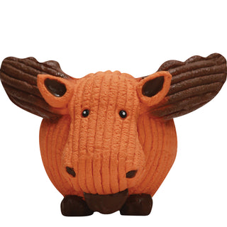 Orange moose squeaky latex ball dog toy with corduroy texture, brown antlers, beard, and feet, and black beady eyes.