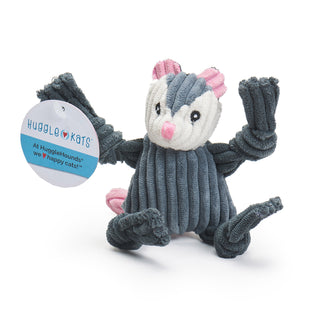 Gray and white opossum catnip stuffed plush corduroy cat toy with knotted limbs, pink inner ears and tail, black embroidered eyes, and pink embroidered nose.
