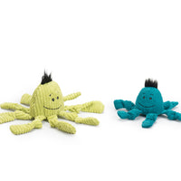 Octavie Octopus Knotties- Large and small. Large has a green body, smiling face, black spikey hair, and eight arms. Small has a blue body, smiling face, black spikey hair, and 6 arms. Thumbnail