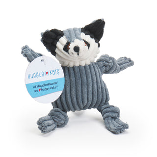 Gray raccoon catnip stuffed plush corduroy cat toy with white face, black inner ears, and embroidered eyes and nose.