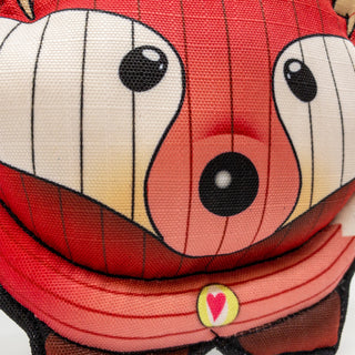 Close up of fox plush dog toy to show details.