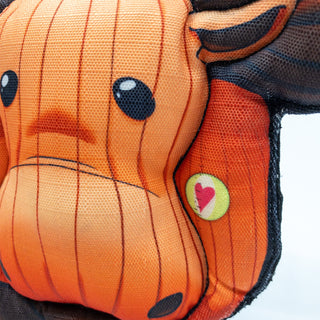 Close up of moose plush dog toy to show details.
