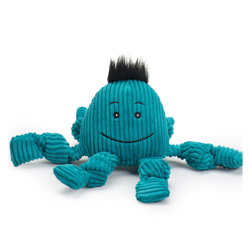 Octavie Octopus Knotties- Small. Small has a blue body, smiling face, black spikey hair, and 6 arms.