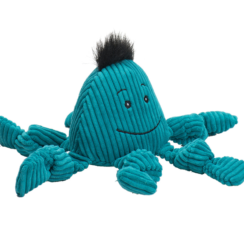Side view of Octavie Octopus Knotties- Small. Small has a blue body, smiling face, black spikey hair, and 6 arms.