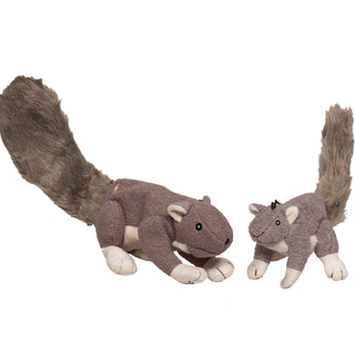 Small and large plush dog toy shaped like a squirrel with gray fur, grey faux-fur tail, and beige inner ears, feet and belly.