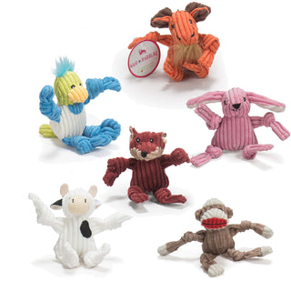 Set of six tiny plush corduroy dog toys with knotted limbs designed for toy-sized dogs: orange moose with brown beard and antlers, duck with blue limbs and hair, green head and tail, white body, and yellow bill, maroon fox with tan face and ears, pink bunny with white ears, white cow with black spots and black right ear, and brown and white sock monkey.