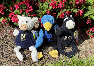 Set of three Military Academy Mascot Knotties® plush dog toys: Navy, Air Force, and Army