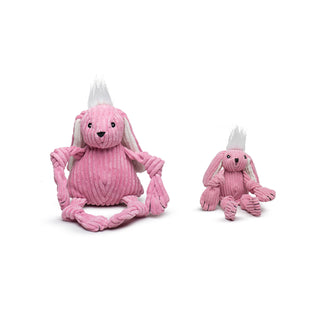 Set of two durable plush corduroy dog toys: pink bunny with white hair and long white inner ears and knotted limbs in large and small.
