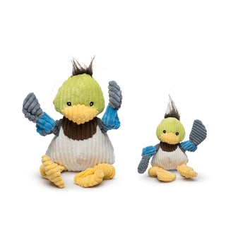 Set of two duck shaped durable plush corduroy dog toys in large and small. The duck has black hair, green head, black eyes, white pupils, yellow beak, brown neck, white body, blue and gray-blue knotted arms, and yellow knotted legs and feet. 