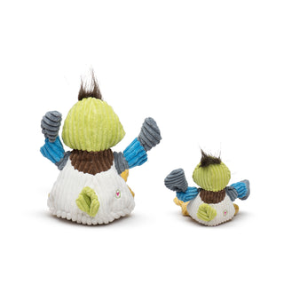 Back view of set of two duck shaped durable plush corduroy dog toys in large and small. The duck has black hair, green head, black eyes, white pupils, yellow beak, brown neck, white body, blue and gray-blue knotted arms, and yellow knotted legs and feet.