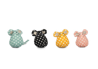 Four colors of polka dot mice cat toys with catnip found in bucket; teal, black, yellow, and pink all with white polka dots.