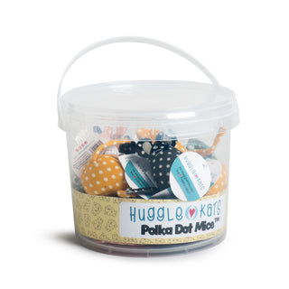 Plastic, re-usable bucket of sixteen polka dot mice cat toy stuffed with catnip.