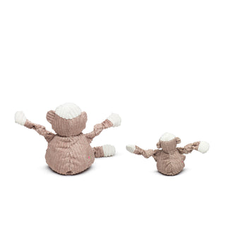 Back view of set of two brown sock monkey durable plush corduroy dog toys with knotted limbs and white hands, feet, and top of head in large and small.