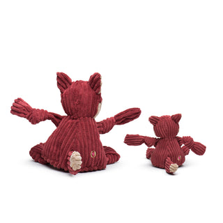 Back of set of two burgundy fox durable plush corduroy dog toys in large and small with beige inner-ears and lower face, black nose, knotted limbs and squeakers
