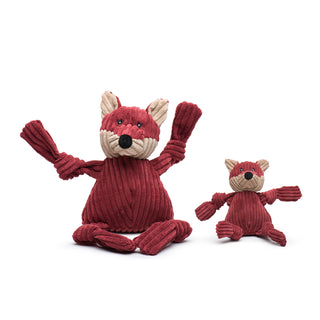 Set of two burgundy fox durable plush corduroy dog toys in large and small with beige inner-ears and lower face, black nose, knotted limbs and squeakers