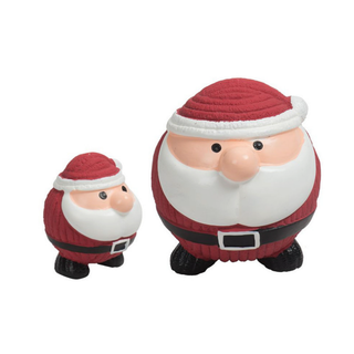 Two round Santa Claus figurines in different sizes, featuring a red textured suit and hat, white beard, peach face, and black belt and boots, shown on a plain white background.