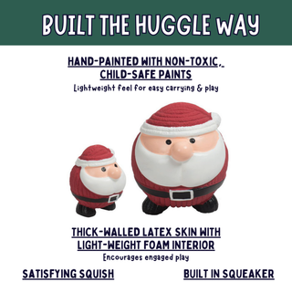Two hand-painted Santa Claus squeeze toys in different sizes on a white background with a dark green header and text describing the product features.
