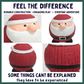 A collage of four product views of a Santa Claus-themed round toy or container with a red knit hat, white beard, pink nose, black belt, and red textured body. Large text at the top reads 'FEEL THE DIFFERENCE' and at the bottom 'SOME THINGS CAN'T BE EXPLAINED they have to be experienced'.