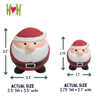 Two Santa Claus-shaped storage containers shown on a white background with dimension arrows and text indicating actual size: one 3.5" tall by 3.