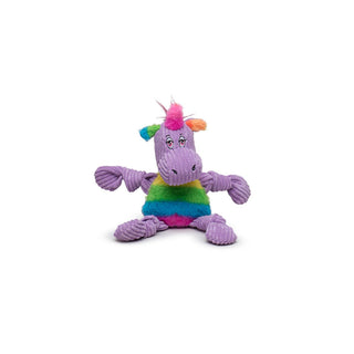 Small unicorn shaped durable plush corduroy dog toys with squeakers, rainbow faux-fur horn and ears, purple head, purple knotted limbs, and rainbow faux-fur stomach.