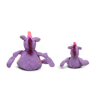 Back view of set of two unicorn Knotties®: solid purple corduroy with dark purple mane.