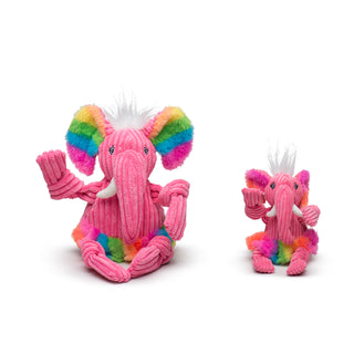 Two colorful elephant toys with rainbow trunks on a white background