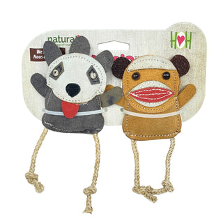 Set of two all-natural leather dog chew toys with rope legs designed for pint-sized pups on packaging: gray raccoon with light gray face and red tongue sticking out, white eyes, and black nose; tan sock monkey with brown ears, white head and around mouth, red mouth, and black eyes.