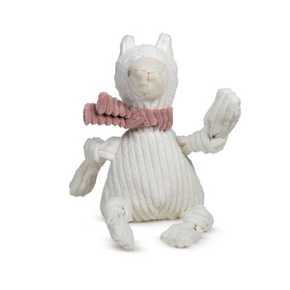 Llama shaped plush dog toy: white body and limbs, beige face, black eyes, white pupils, light-pink scarf, knotted arms and legs, and is squeaky. Size large.