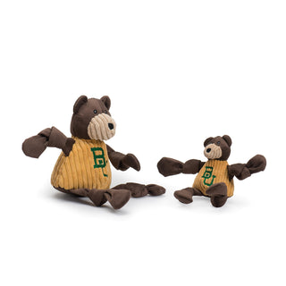 Set of two durable plush corduroy dog toys with knotted limbs: Baylor University Bruiser the brown bear mascot wearing gold shirt with Baylor University logo on the front. Small and large
