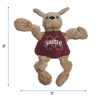Dog toy with a maroon shirt featuring a logo, dimensions indicated, on a white background