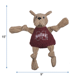 Dog toy with a maroon shirt featuring a logo, dimensions indicated, on a white background